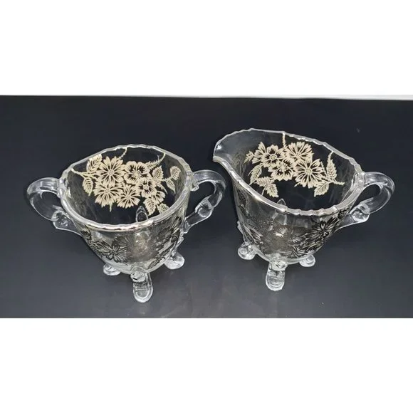 VIKING GLASS #42  Four Toed Open Sugar & Creamer SILVER CITY Springtime Overlay - Picture 5 of 10